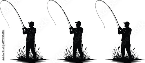 Fishing man silhouette set casting rod by lakeside, outdoor angling activity scene, peaceful nature sport concept, black and white vector illustration