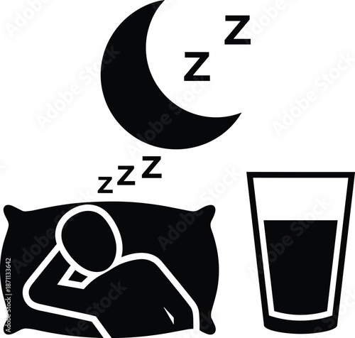 Sleep and bedtime icon set with crescent moon, sleeping person and water glass, minimalist black and white vector illustration