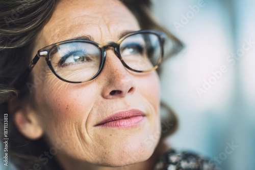 Thoughtful Mature Woman with Glasses Looking Upwards in Contemplation.