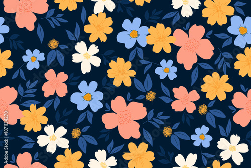 Beautiful seamless pattern of large and small flowers, a vector illustration for backgrounds. This floral seamless pattern is suitable for printing on textiles or wrapping paper.