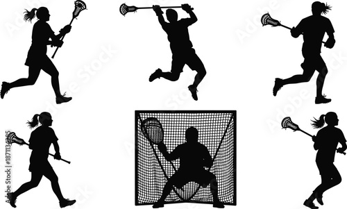 Lacrosse player silhouettes set, men and women athletes running shooting and goalkeeping actions, team sport dynamics, black vector illustration collection