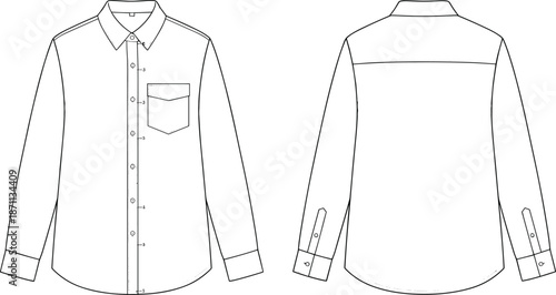 Men long sleeve shirt technical cad drawing front and back views, flat vector illustration for fashion apparel design industry template