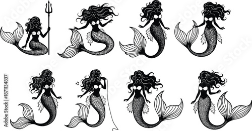 Mermaid silhouettes set in elegant poses, mythical sea sirens with flowing hair and tails, fantasy ocean black and white vector illustration