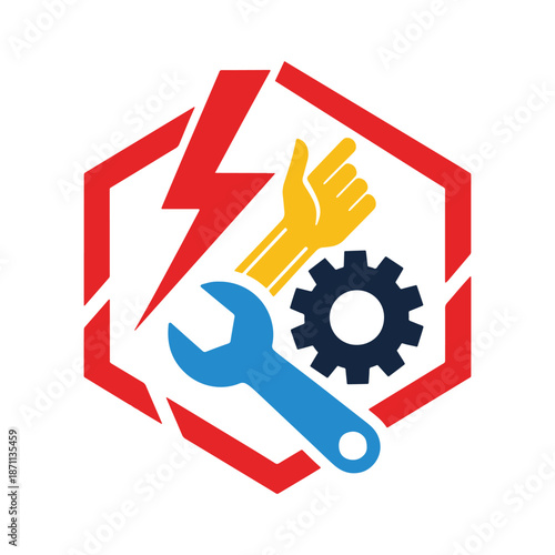 Red hexagon with lightning bolt wrench gear and hand inside