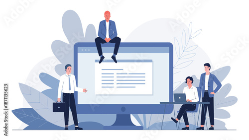 A group of business professionals working together on a large computer screen in a modern office setting.