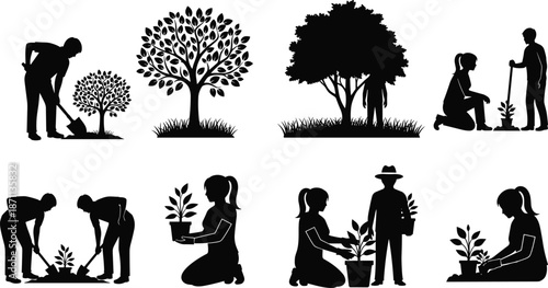 Tree planting and gardening silhouettes showing human care, growth stages, environmental sustainability, reforestation, nature conservation concept, black vector illustration set