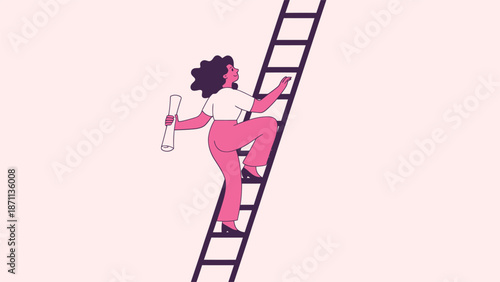 A determined woman climbing a ladder with a paint roller in hand