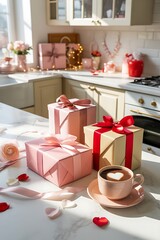 Cozy kitchen counter with gifts and heart-shaped coffee on Valentine's Day