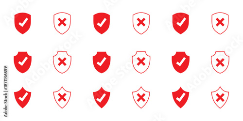 shield icon set with check mark and cross mark. Protection approve icon. Approved safety icon. icon with editable line stroke