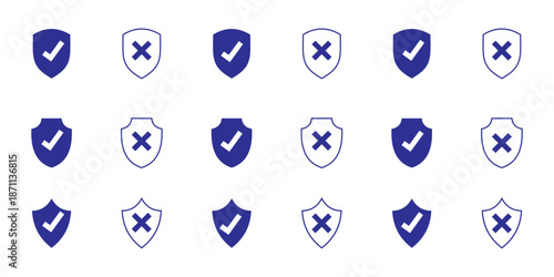 shield icon set with check mark and cross mark. Protection approve icon. Approved safety icon. icon with editable line stroke
