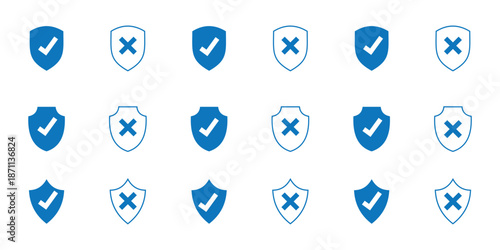 shield icon set with check mark and cross mark. Protection approve icon. Approved safety icon. icon with editable line stroke