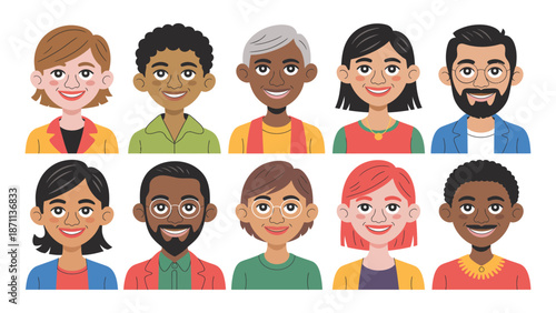 A diverse group of cartoon people with different skin tones and hairstyles smiling and looking happy