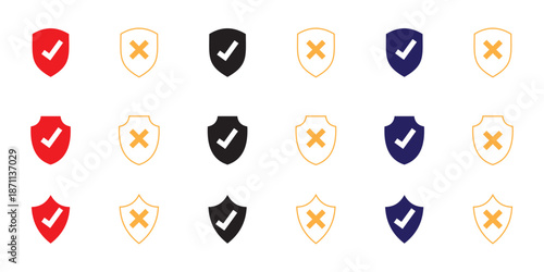 shield icon set with check mark and cross mark. Protection approve icon. Approved safety icon. icon with editable line stroke
