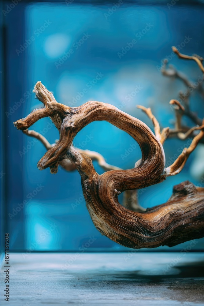 Fototapeta premium Gnarled, twisted driftwood sculpture suspended in a glass tank against a blue, blurred background. Concept Gnarled Driftwood Sculpture, Suspended Glass Tank, Blue Blur Background