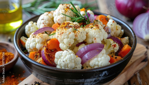 Roasted cauliflower with carrots, onions, and rosemary in a black bowl on a wooden board close up in bright light for food photography