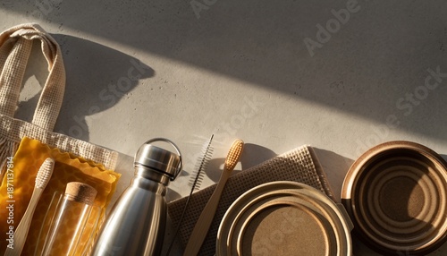 Various dining and kitchen items arranged on a table with natural light in a simple setting during the day