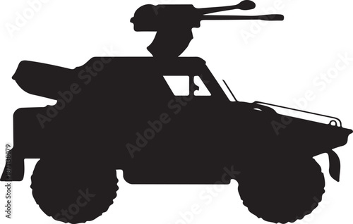 Black silhouette of a military armored vehicle with a mounted turret and gun military vehicle