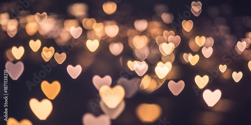 Golden heart shaped lights floating in dark romantic atmosphere