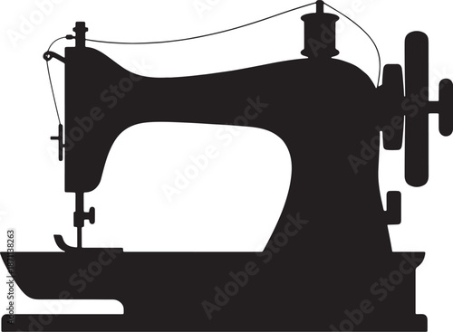 Black silhouette of a vintage sewing machine with thread and spool white