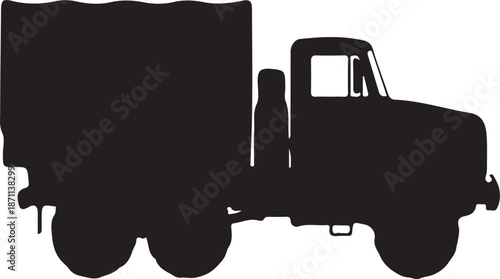 Black silhouette of a vintage truck with a covered cargo bed and large wheels white