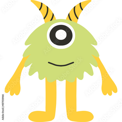 Cute Green One-Eyed Monster with Yellow Horns and Limbs