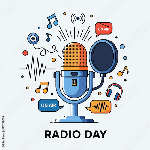 Vibrant radio microphone illustration with on air signs and musical notes for broadcasting and music concepts with headphones and sound waves