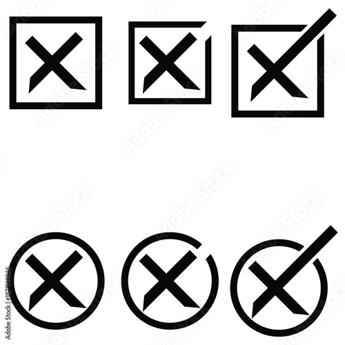 Checkboxes and radio buttons with tick and cross symbols for user interface design
