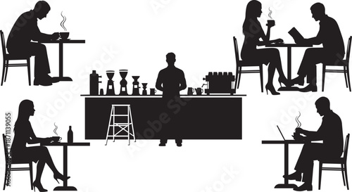 Coffee shop silhouette scene with barista, customers drinking coffee, reading, working on laptop, espresso machine, cozy café interior, black and white style