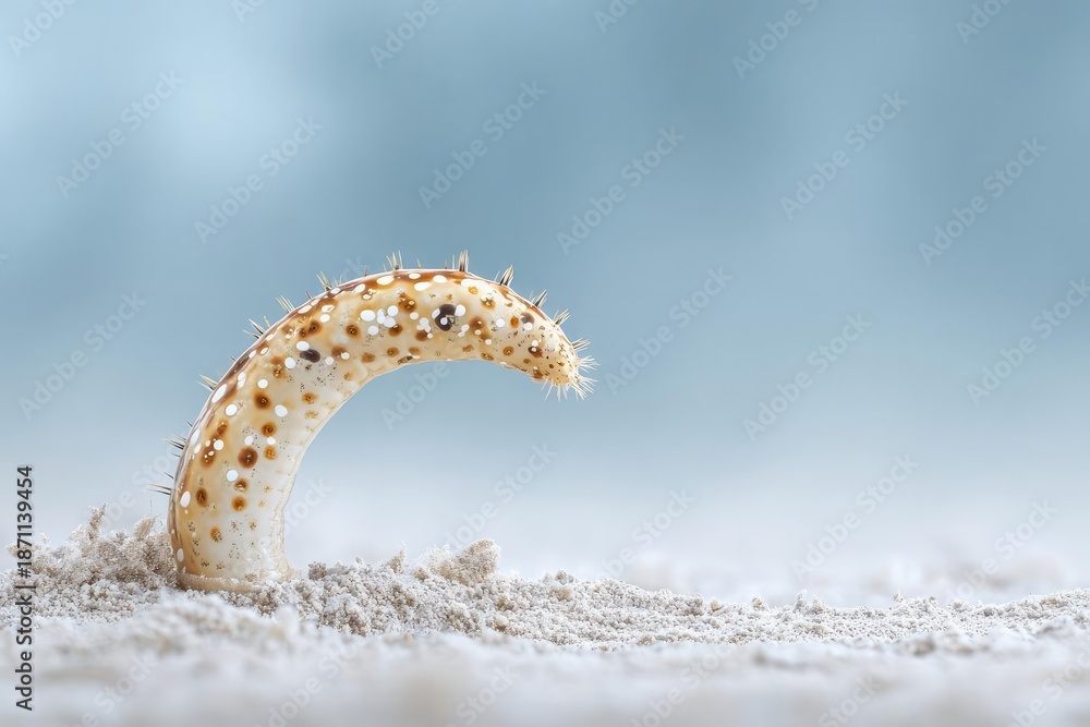 Naklejka premium A tiny curved bristle worm with spiky hairs on a sandy beach. Concept Tiny curved bristle worm close-up, Spiky bristles detail, Intertidal sandy beach habitat, Marine invertebrate silhouette