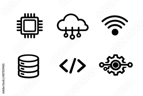 Technology basics icon set with cloud, code and network symbols. Black flat vector icons with transparent background for UI, apps and digital platforms.