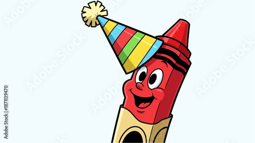 A cheerful red crayon wearing a colorful party hat with a pom pom on a white background for creative design with illustration and graphic and fun