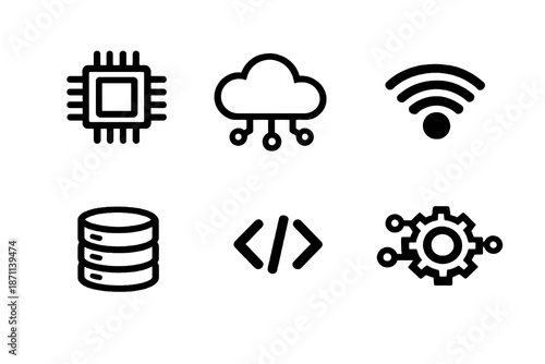 Tech vector icon set featuring computing, connectivity and system elements. Black flat icons ideal for dashboards, SaaS platforms and digital interfaces.