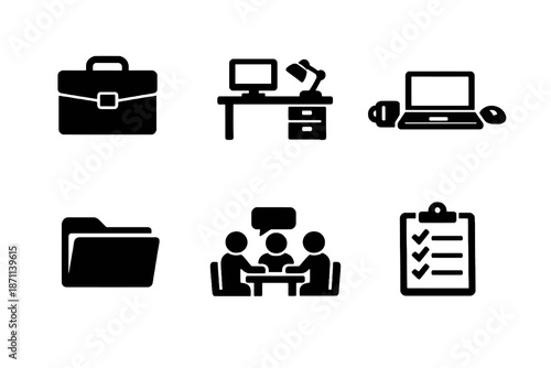 Office and work basics icon set with desk, teamwork and business symbols. Black flat vector icons with transparent background for UI, apps and corporate platforms.