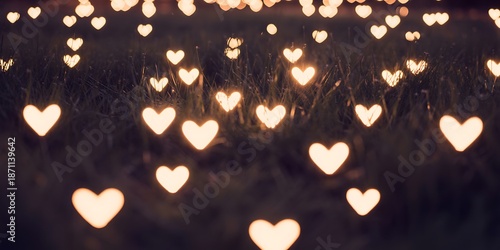 Glowing heart shaped lights in a magical grassy field at night