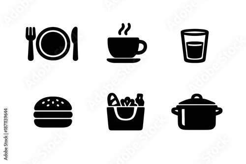 Food vector icon set featuring dining, cooking and beverage elements. Black flat icons ideal for restaurant apps, delivery platforms and digital interfaces.