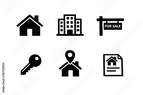 Real estate basics icon set with home, property and sale symbols. Black flat vector icons with transparent background for UI, apps and property platforms.