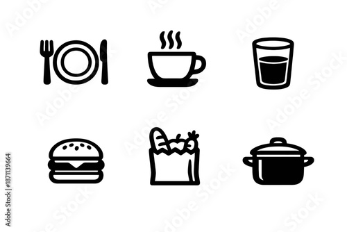 Food and drink basics icon set with meals, beverages and grocery symbols. Black flat vector icons with transparent background for UI, apps and food services.