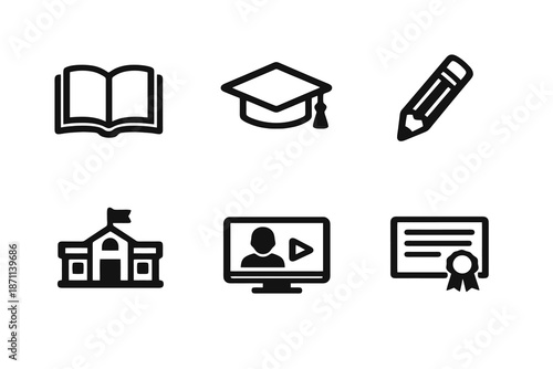 Learning vector icon set featuring study, graduation and online education icons. Black flat icons ideal for dashboards, e-learning platforms and digital interfaces.