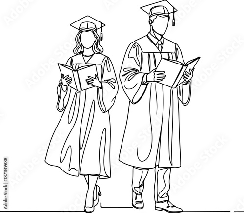 Complex Continuous Line Art Graduation Man Woman Cap Book Illustration