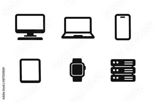 Technology devices vector icon set featuring desktop, laptop and mobile hardware icons. Black flat icons ideal for dashboards, SaaS tools and digital interfaces.