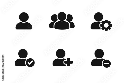 User management vector icon set featuring profile actions and account controls. Black flat icons ideal for SaaS platforms and digital interfaces.