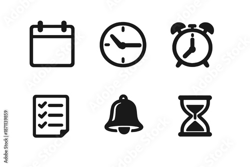 Calendar management vector icon set featuring deadlines, alarms and scheduling icons. Black flat icons ideal for dashboards, SaaS platforms and digital interfaces.