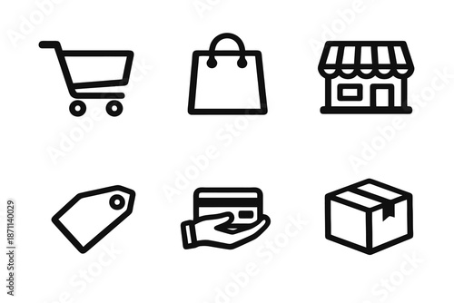 Shopping and ecommerce icon set with cart, payment and delivery symbols. Black flat vector icons with transparent background for UI, apps and online stores.