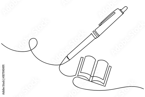 Minimalist continuous one line drawing featuring a ballpoint pen and an open book. Perfect for education, writing, and literature themes on a clean white background.