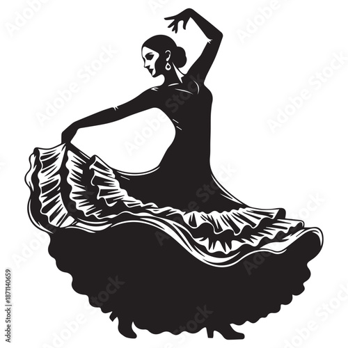 Elegant flamenco dancer silhouette with ruffled dress vector illustration.