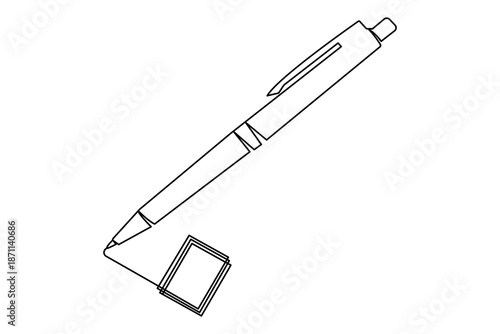 A minimalist continuous one line drawing featuring a ballpoint pen and a small note paper. Perfect for office, education, and creative concept designs on a clean white background.