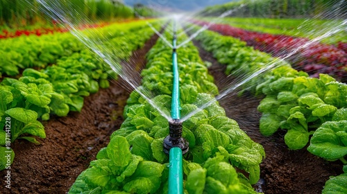 Modern agriculture field showing healthy crop rows supported precision irrigation smart farming system sustainable food cultivation and land management concept