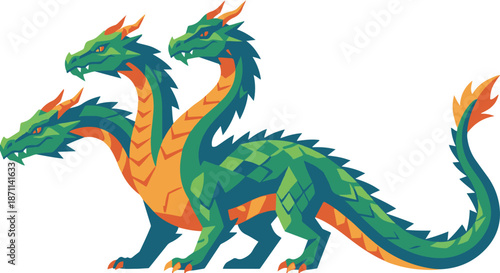 Vector illustration of a mythical three-headed dragon or Hydra in a flat design style, isolated on a white background.