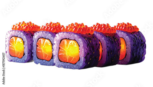 Exotic Sushi Rolls with Salmon and Caviar Topping.