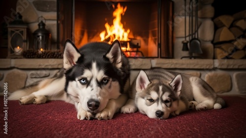 Two husky dogs by fireplace indoors.